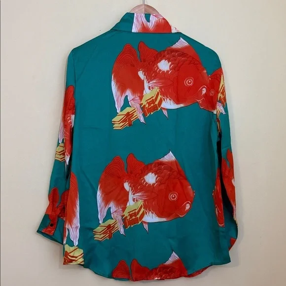 NIP Colorful Teal Orange Gold Fish Print Button Pointed 70s Style Retro Blouse S - Picture 11 of 11
